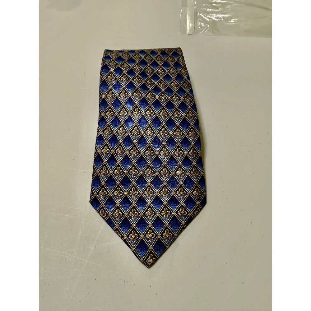 Roundtree & Yorke Mens Silk Handmade‎ Blue Gold Geometric Pattern Necktie